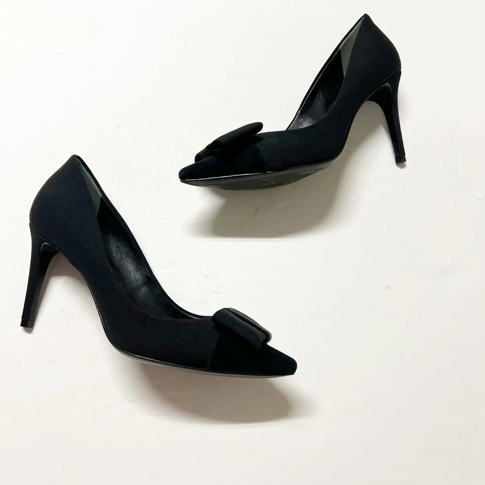 Tory Burch Aria Black Grosgrain Bow Suede Leather Pointed Toe Stiletto Heel 7M